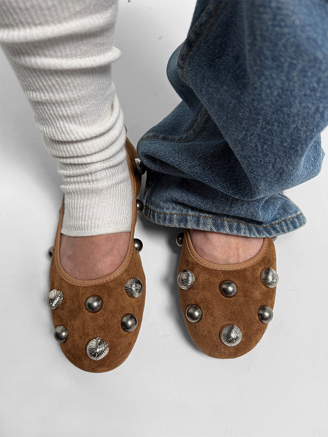 Brown Crystal-Stud Suede Ballet Flats - View 3