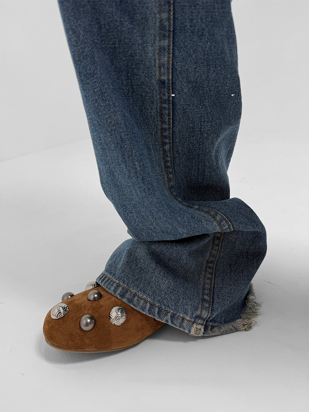Brown Crystal-Stud Suede Ballet Flats - View 5