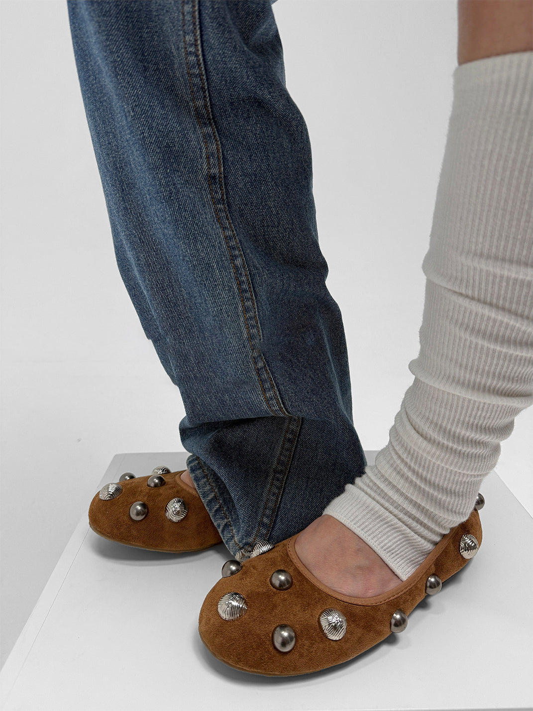 Brown Crystal-Stud Suede Ballet Flats - View 6