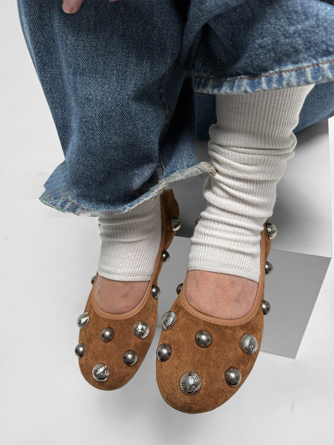 Brown Crystal-Stud Suede Ballet Flats - View 7