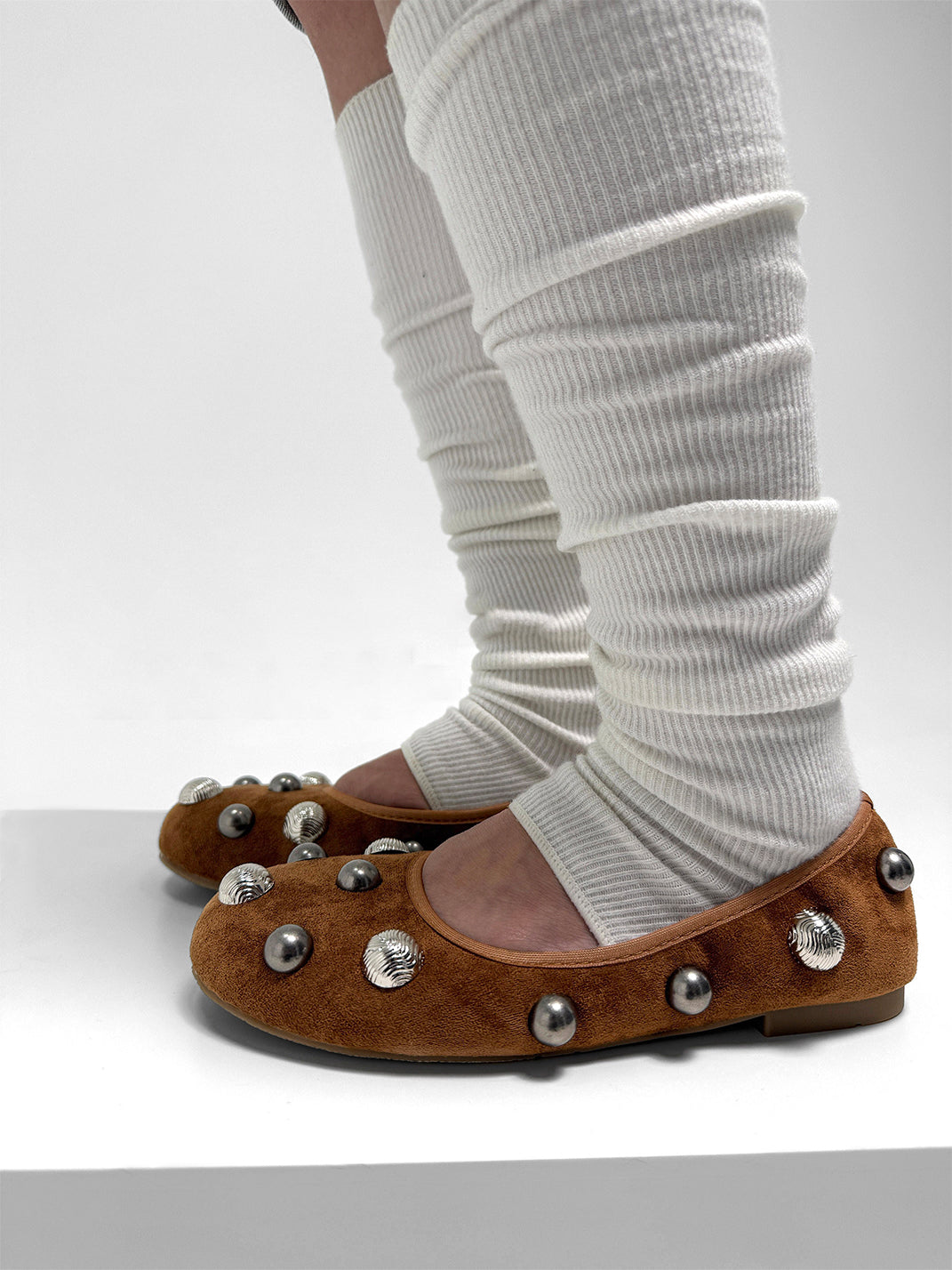 Brown Crystal-Stud Suede Ballet Flats - View 10
