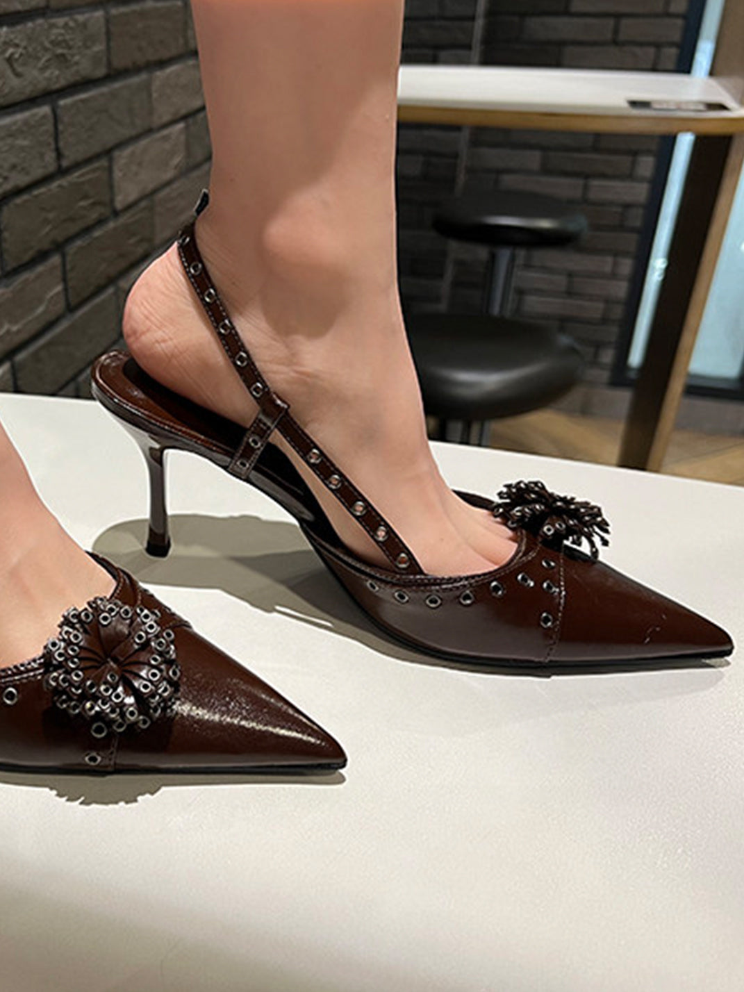 Brown Floral Pointed-Toe Slingback Heels - View 4