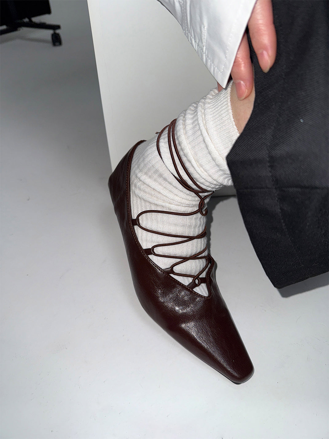 Brown Lace-Up Mary Jane Ballet Flats - View 3