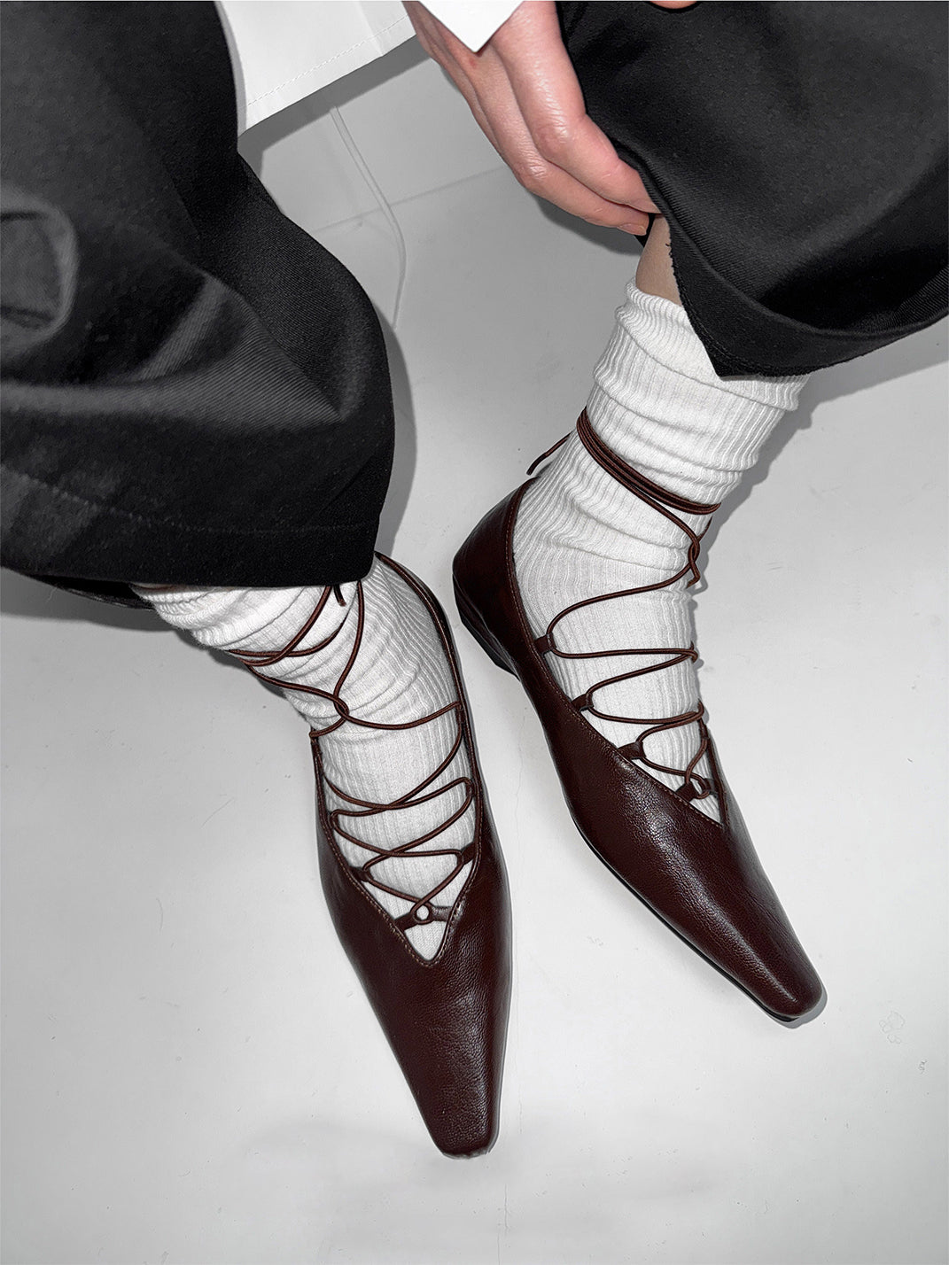 Brown Lace-Up Mary Jane Ballet Flats - View 4