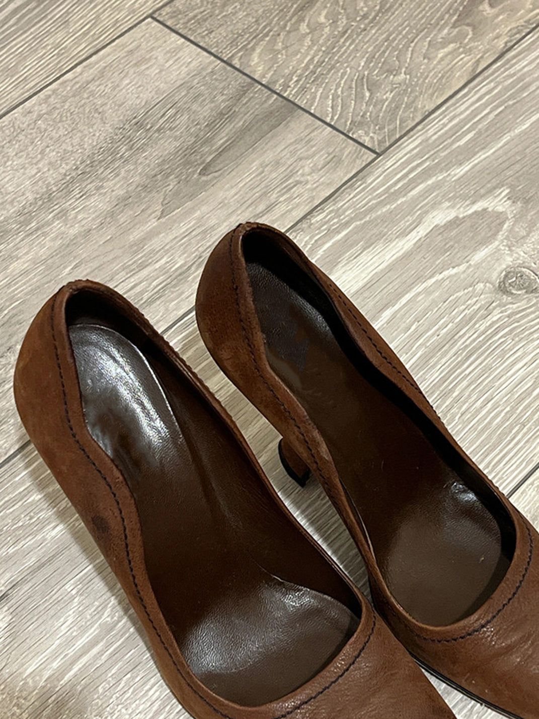 Brown Sculpted-Heel Round-Toe Pumps - View 2