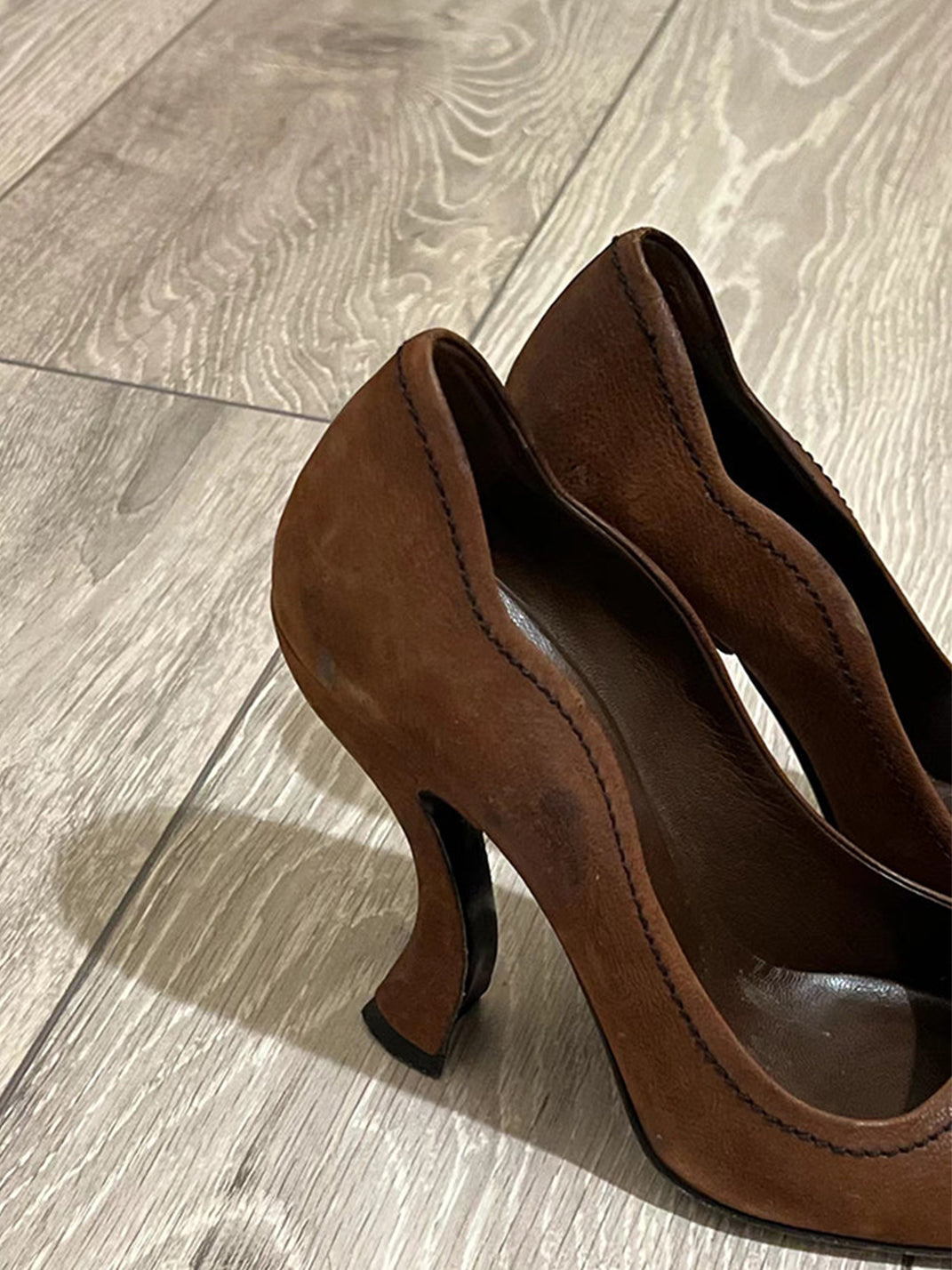 Brown Sculpted-Heel Round-Toe Pumps - View 3