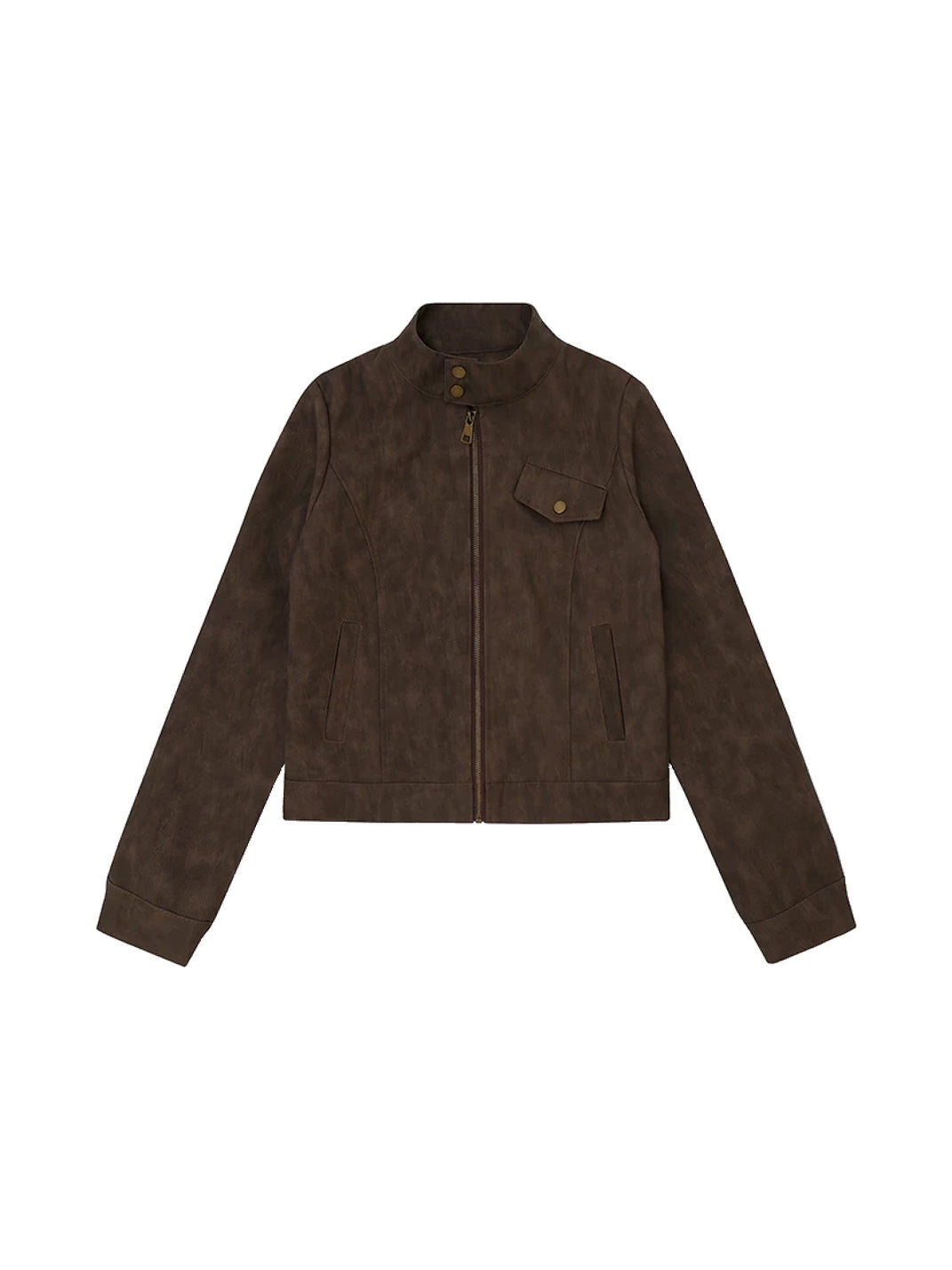 Brown Textured Faux-Leather Cropped Zip Jacket - product view