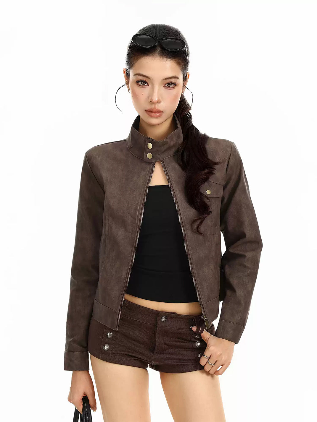 Brown Textured Faux-Leather Cropped Zip Jacket - view 2
