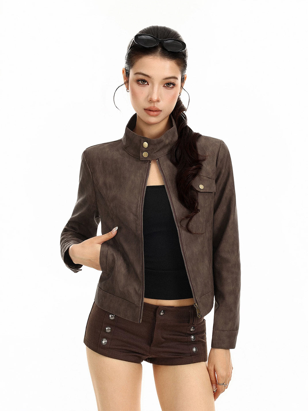 Brown Textured Faux-Leather Cropped Zip Jacket - view 4