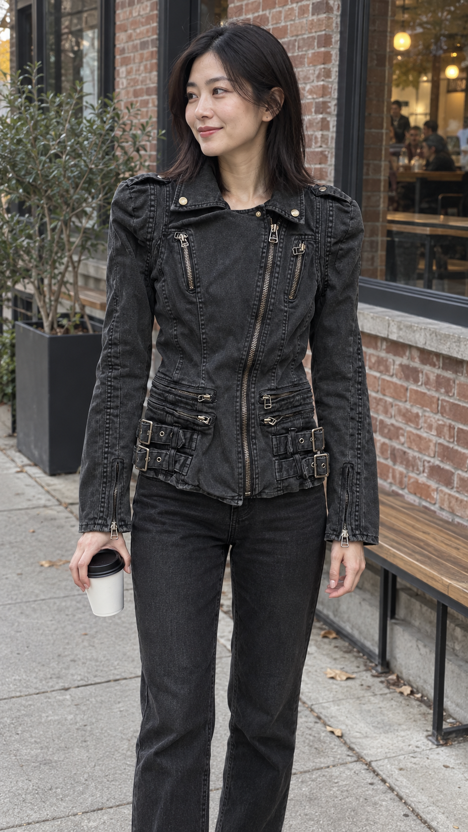 Buckle-Detailed Denim Moto Jacket — Sidewalk coffee stop; AI-generated lifestyle showcase