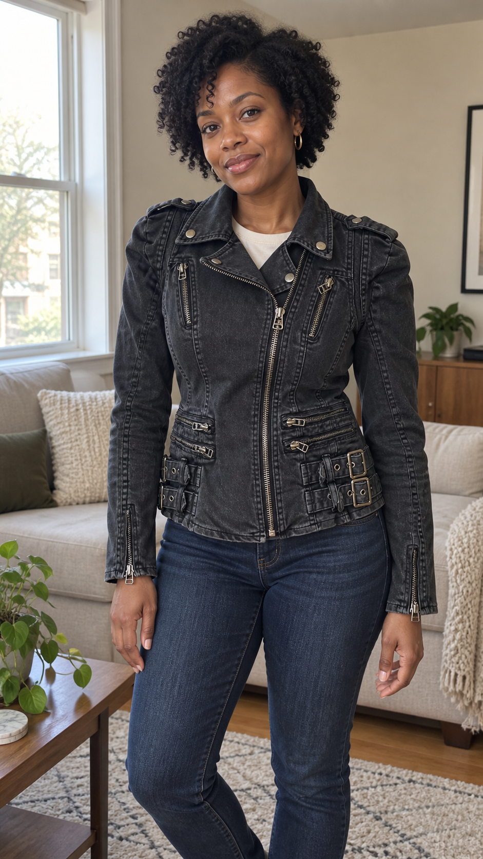 Buckle-Detailed Denim Moto Jacket — At-home outfit check; AI-generated lifestyle showcase
