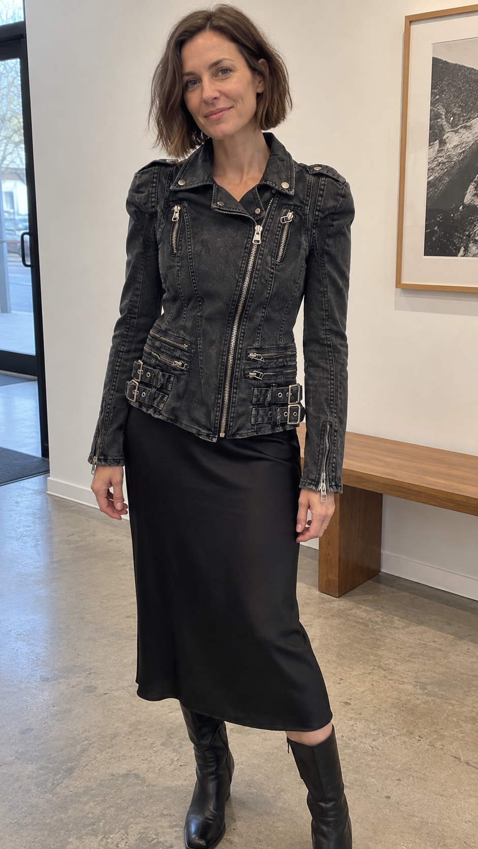 Buckle-Detailed Denim Moto Jacket — Gallery outing; AI-generated lifestyle showcase