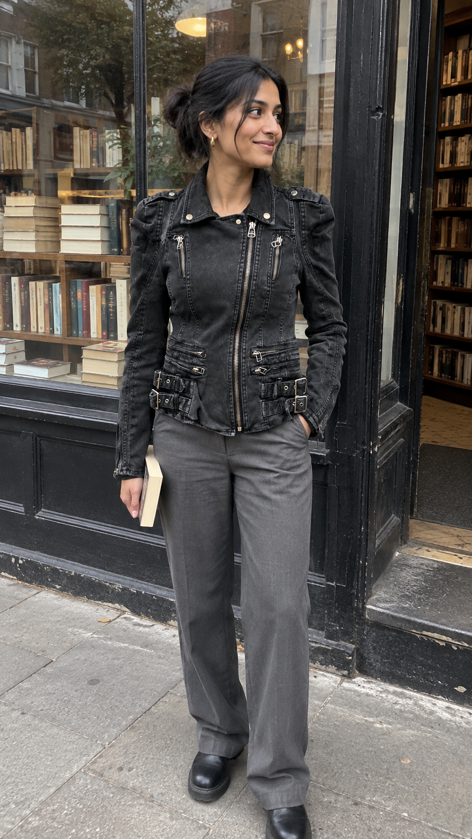 Buckle-Detailed Denim Moto Jacket — Bookshop browsing break; AI-generated lifestyle showcase