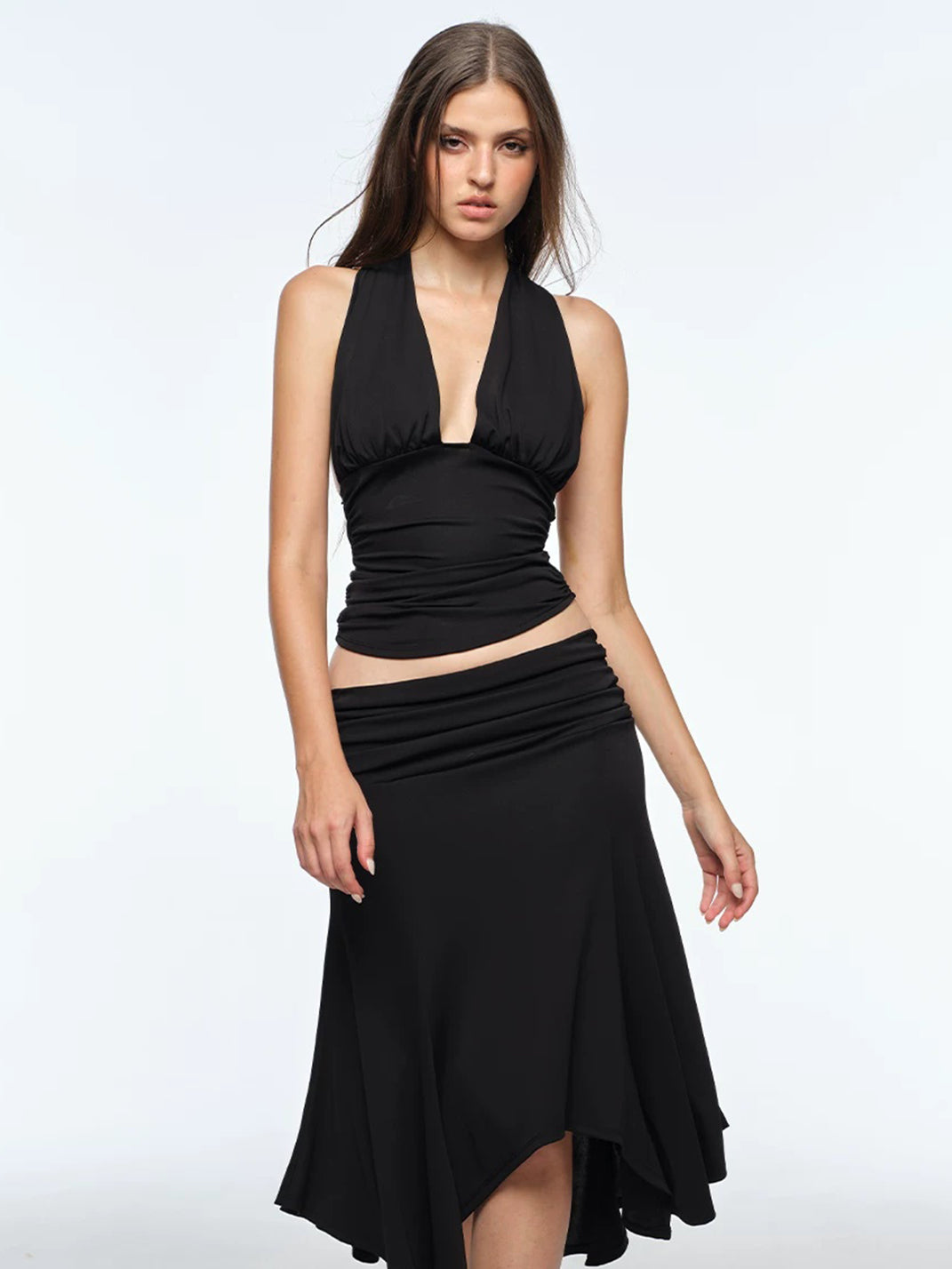 Ruched Deep-V Backless Halter Crop Top