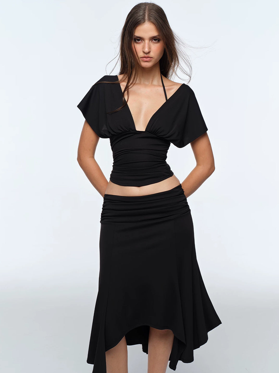 Ruched Deep-V Backless Halter Crop Top - View 2