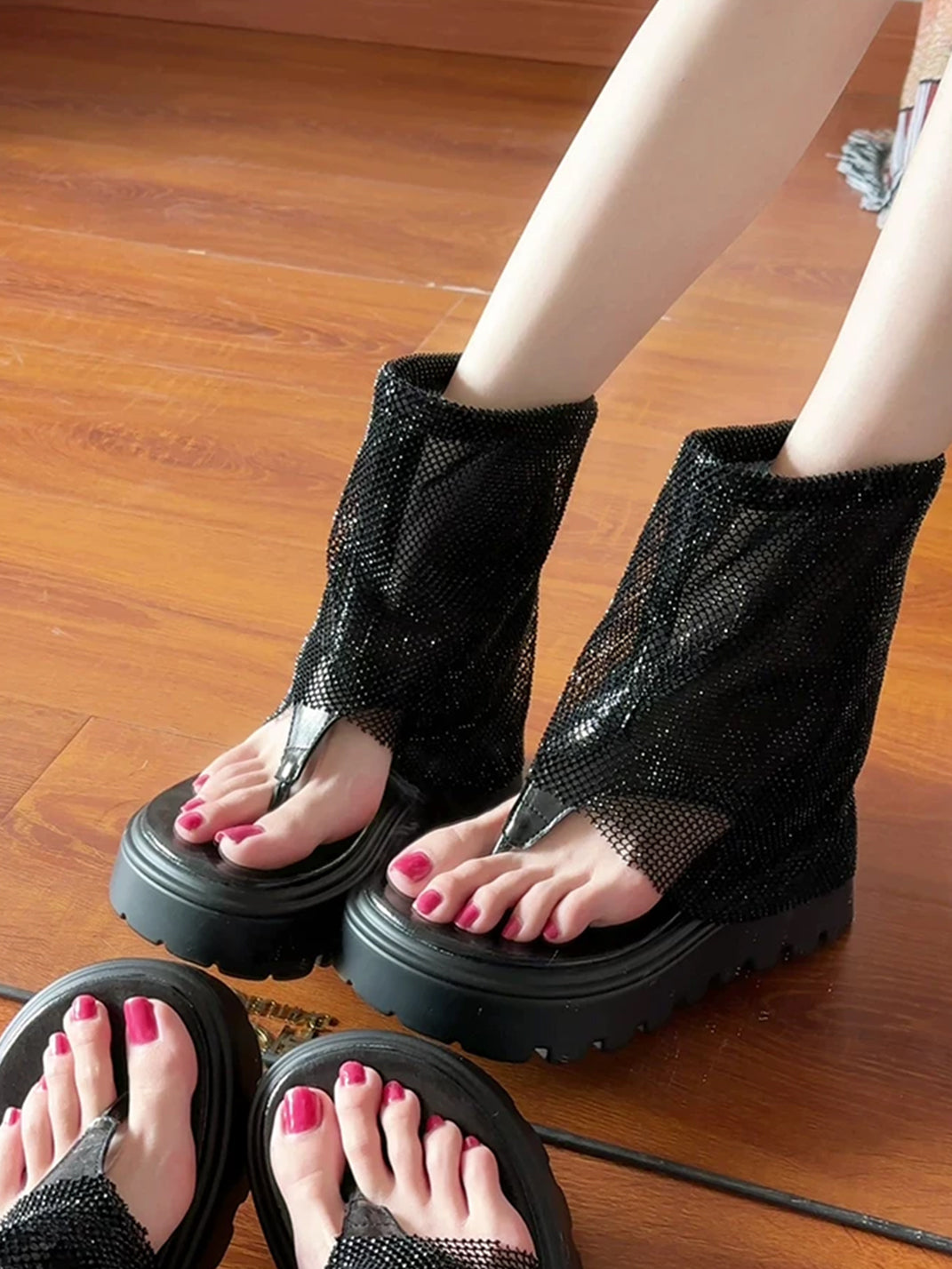 Rhinestone Mesh Platform Knee-High Sandal Boots - View 5