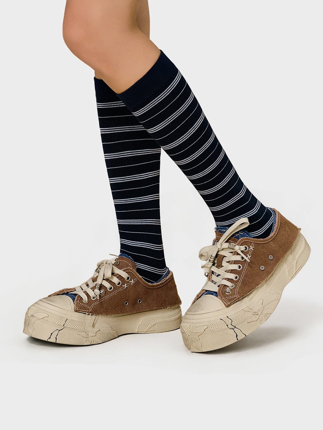 Blue Brown Colorblock Distressed Platform Sneakers - View 2