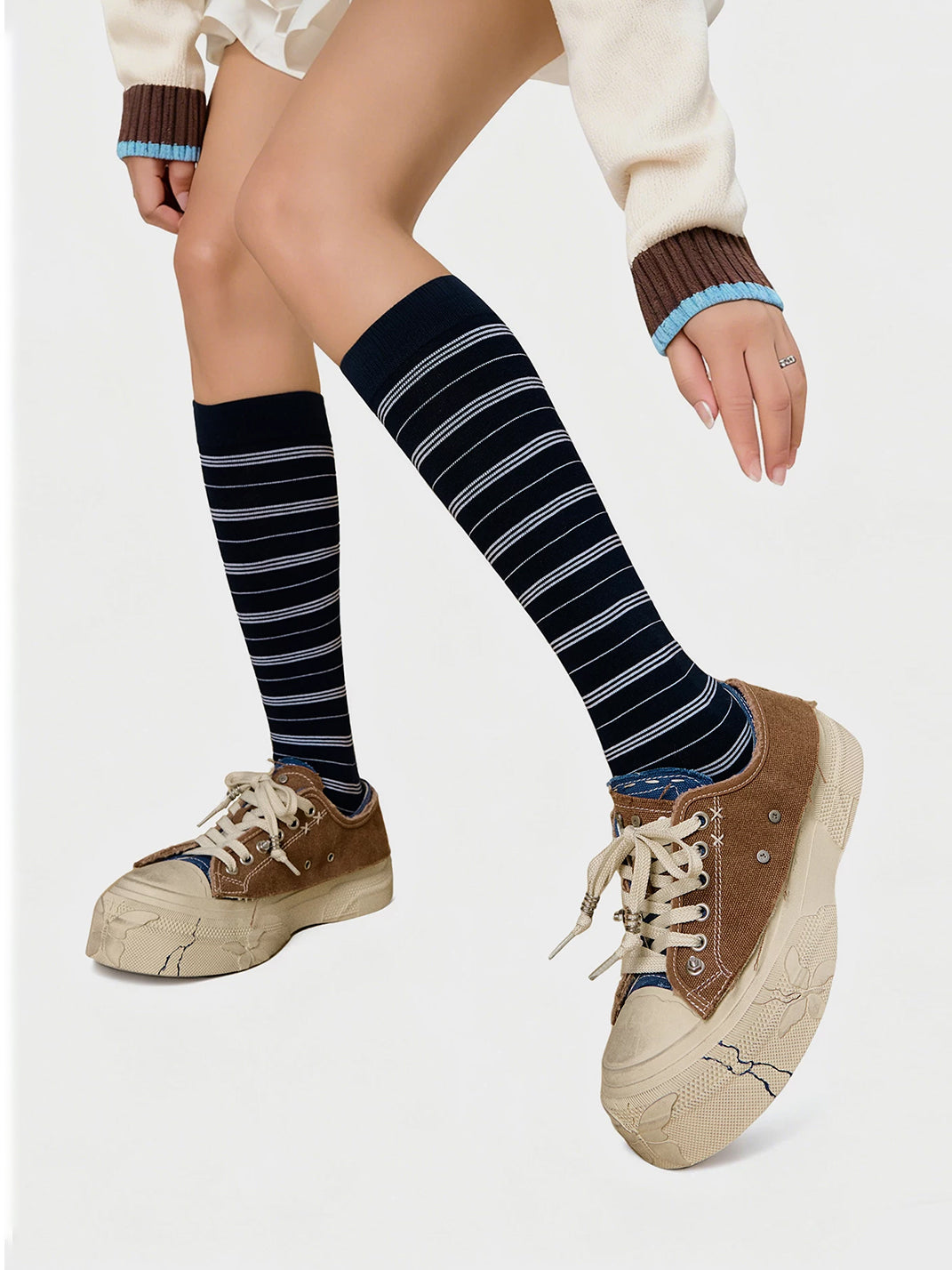 Blue Brown Colorblock Distressed Platform Sneakers - View 3