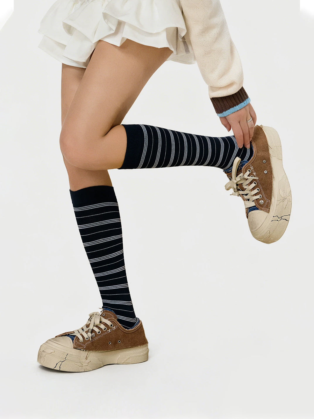 Blue Brown Colorblock Distressed Platform Sneakers - View 4