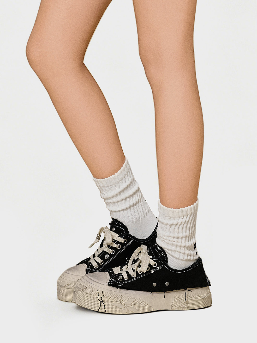 Black Distressed-Wash Platform Canvas Sneakers - View 2