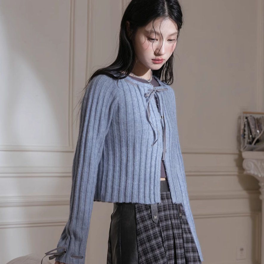 Blue Ribbon Woolen Cardigan Two-Piece Set