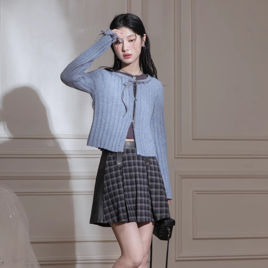 Blue Ribbon Woolen Cardigan Two-Piece Set