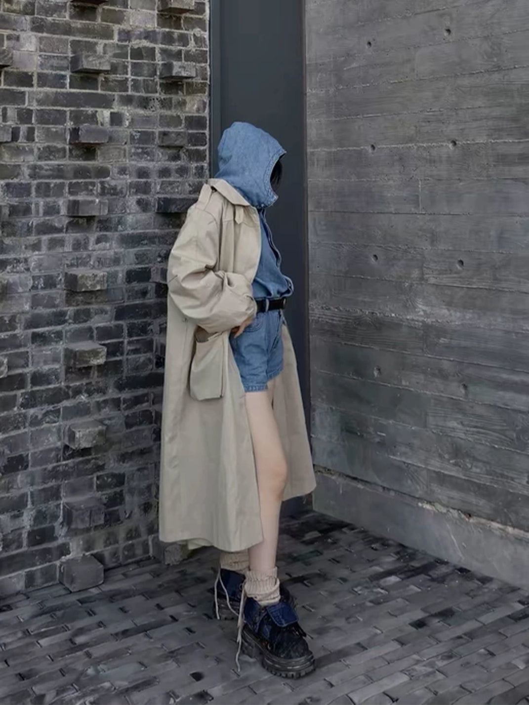 Button-Cuff Denim Platform Ankle Boots - Side view worn with a skirt