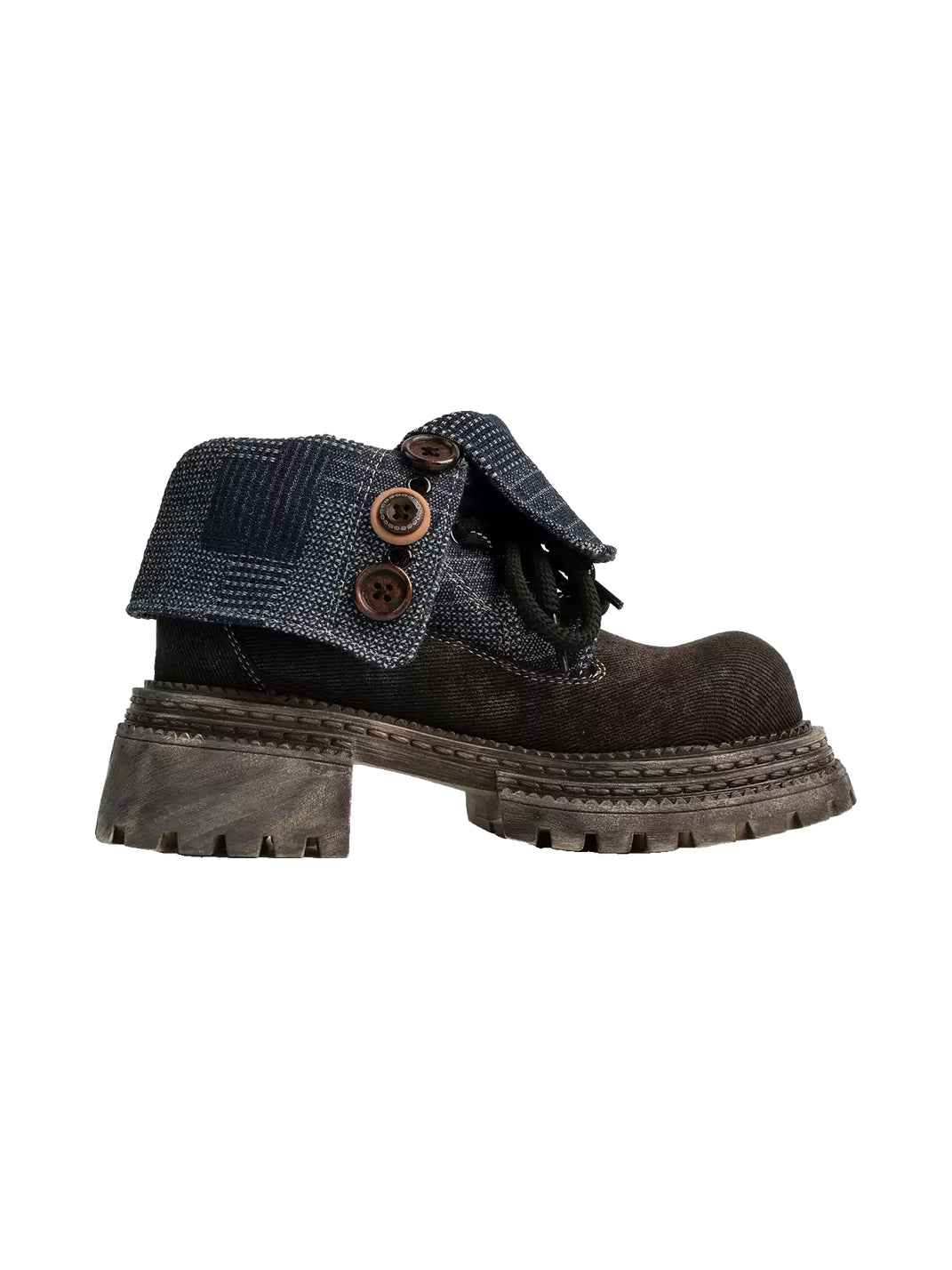 Button-Cuff Denim Platform Ankle Boots - Side profile with platform and block heel