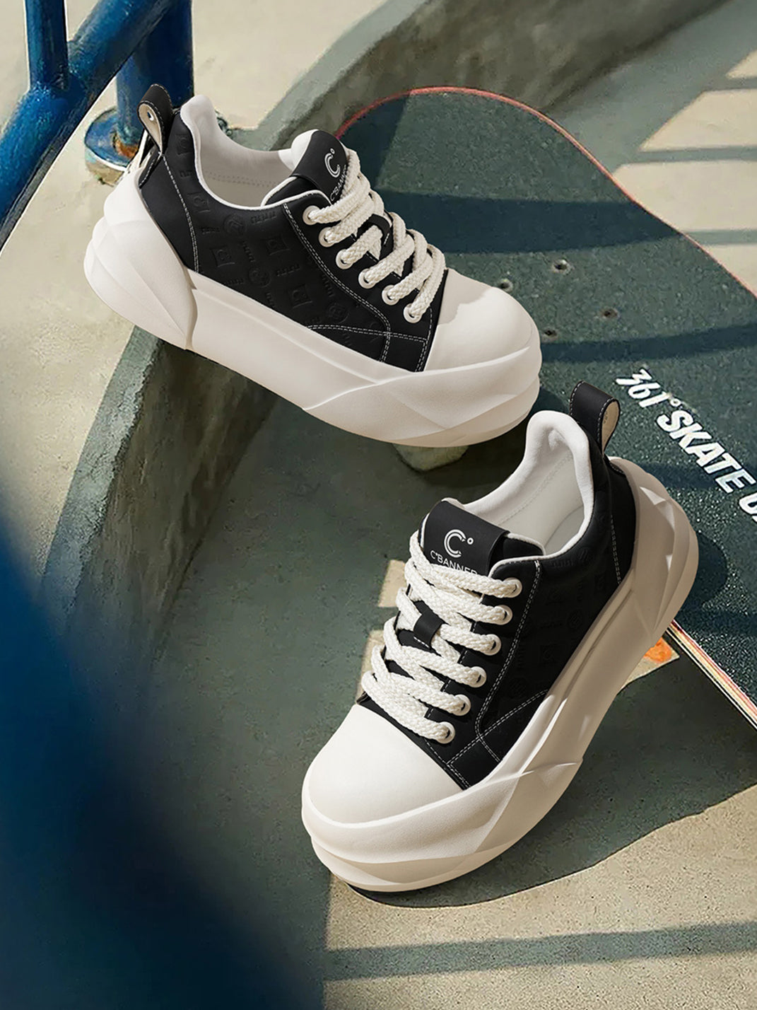 Black Geometric-Sole Platform Sneakers - View 6