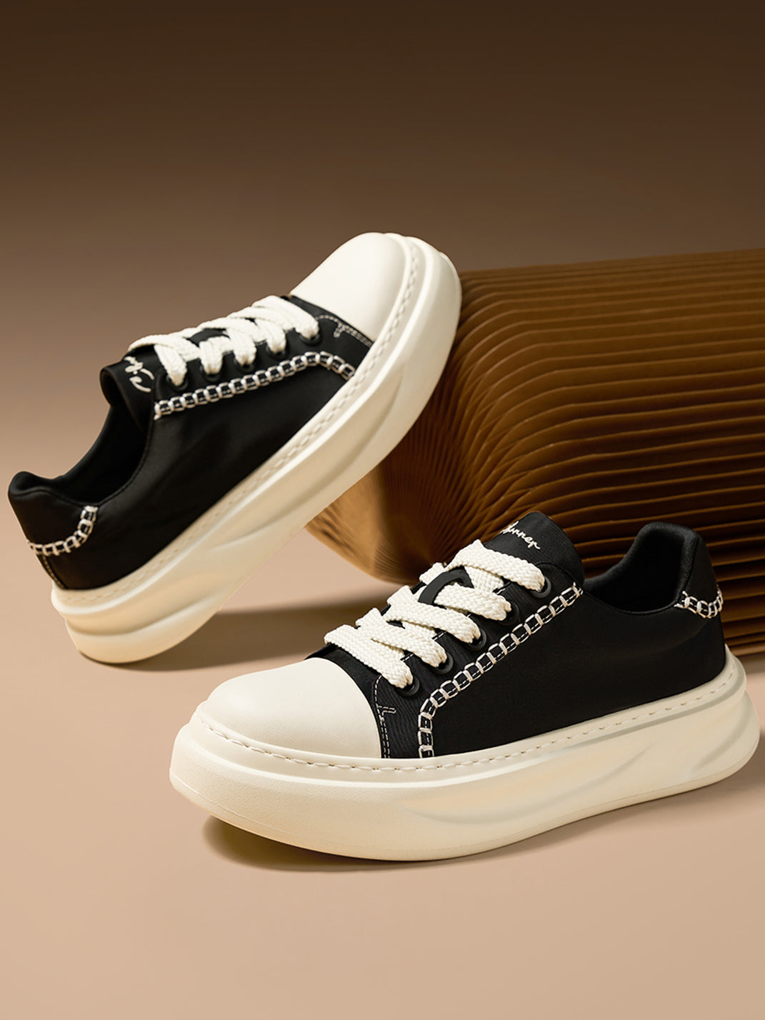 Black Chain-Trim Contrast-Stitch Platform Sneakers - View 6