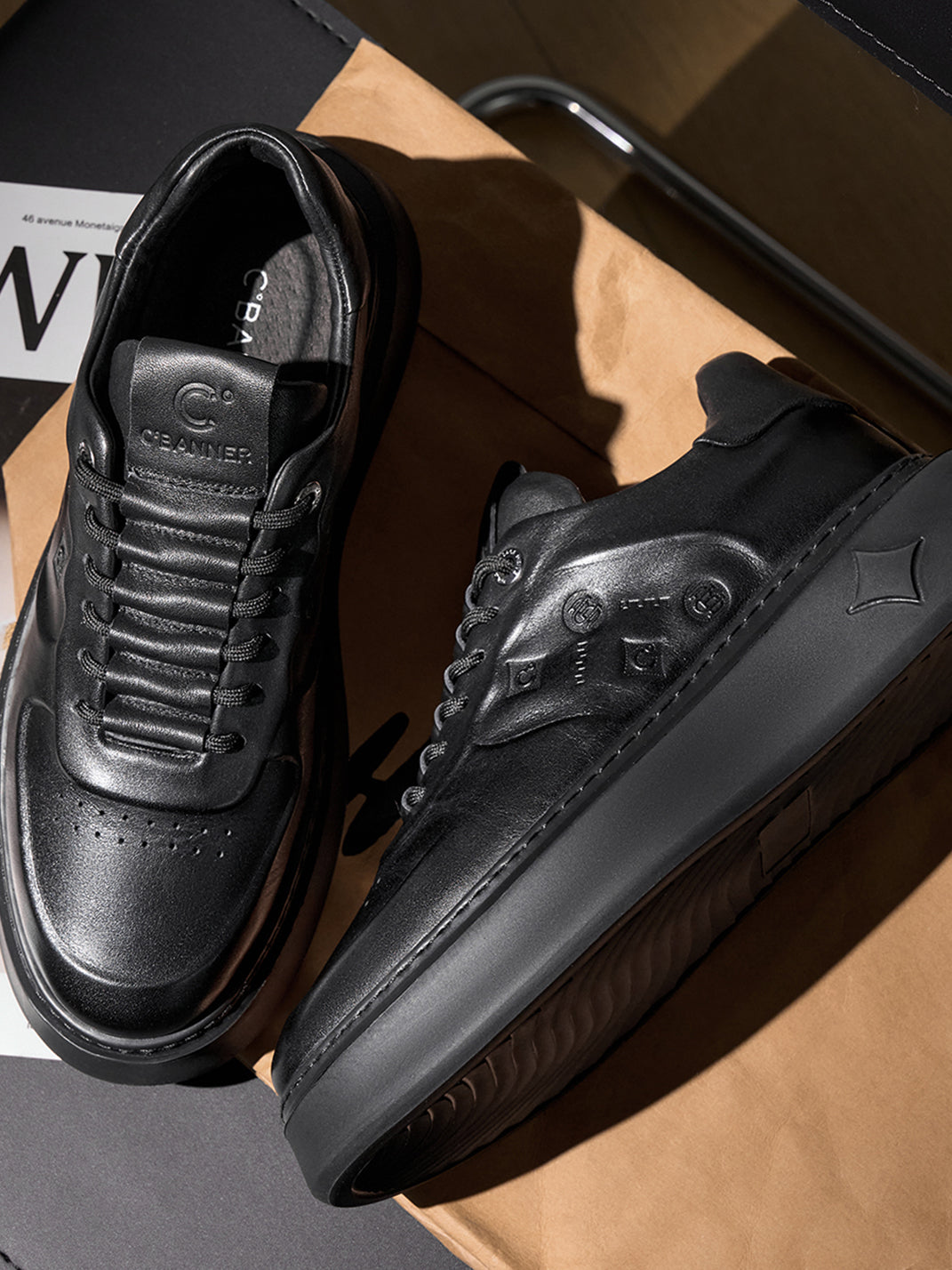 Black Embossed Leather Platform Low-Top Sneakers - View 6