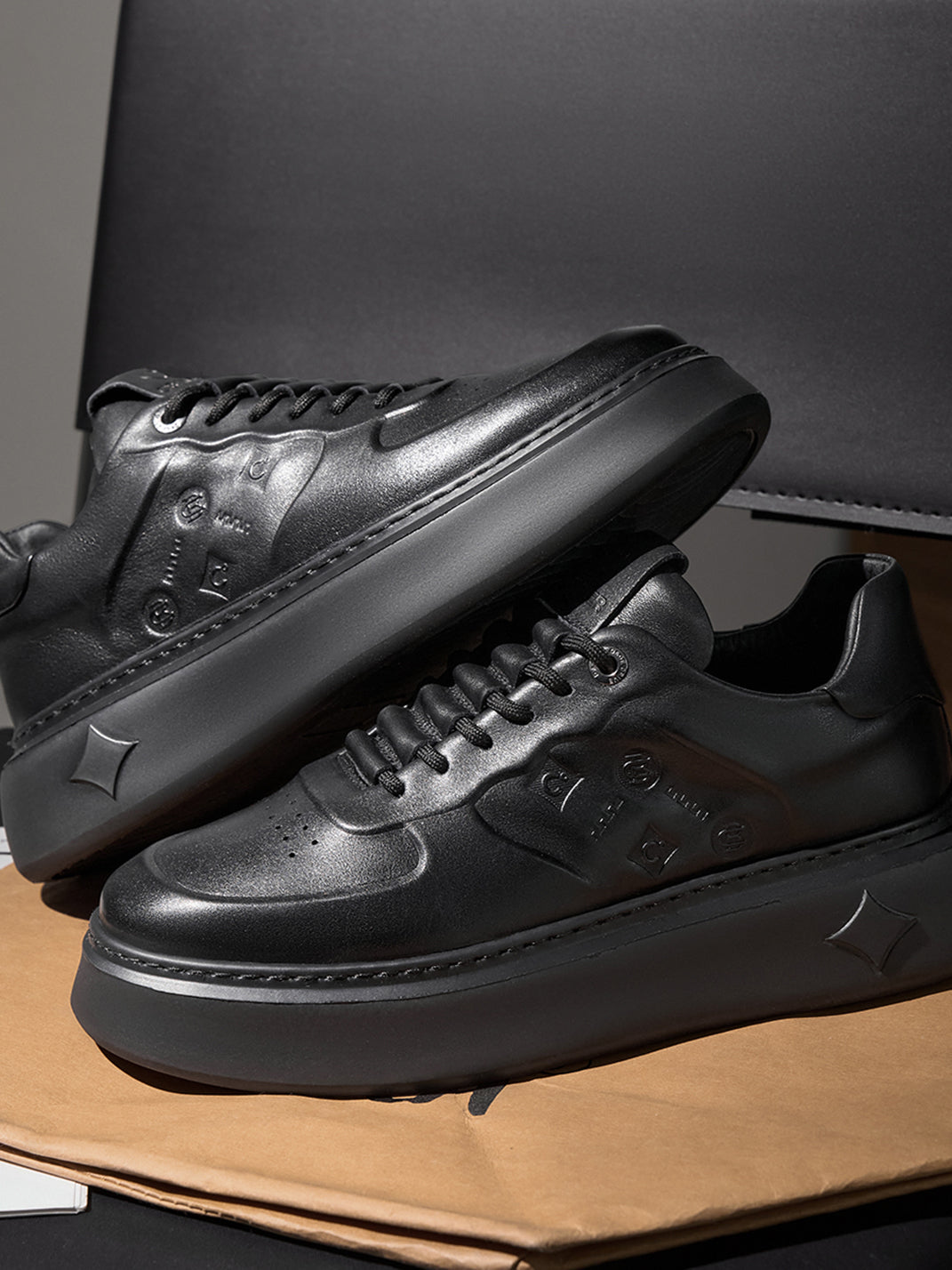 Black Embossed Leather Platform Low-Top Sneakers - View 7