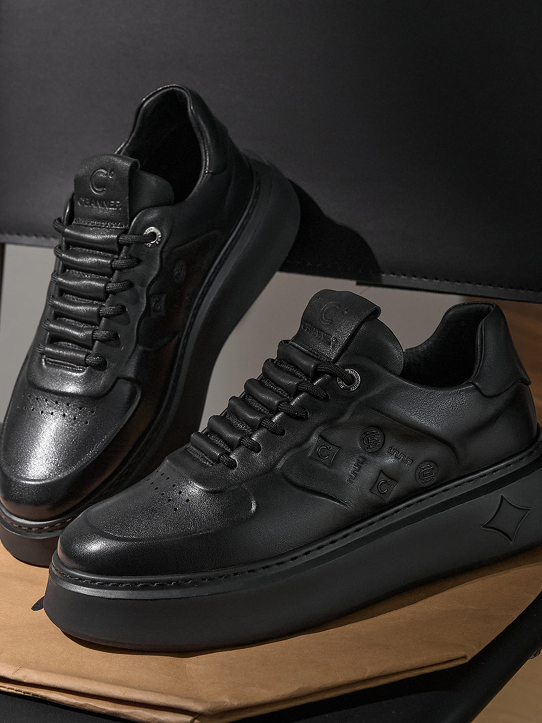 Black Embossed Leather Platform Low-Top Sneakers - View 8