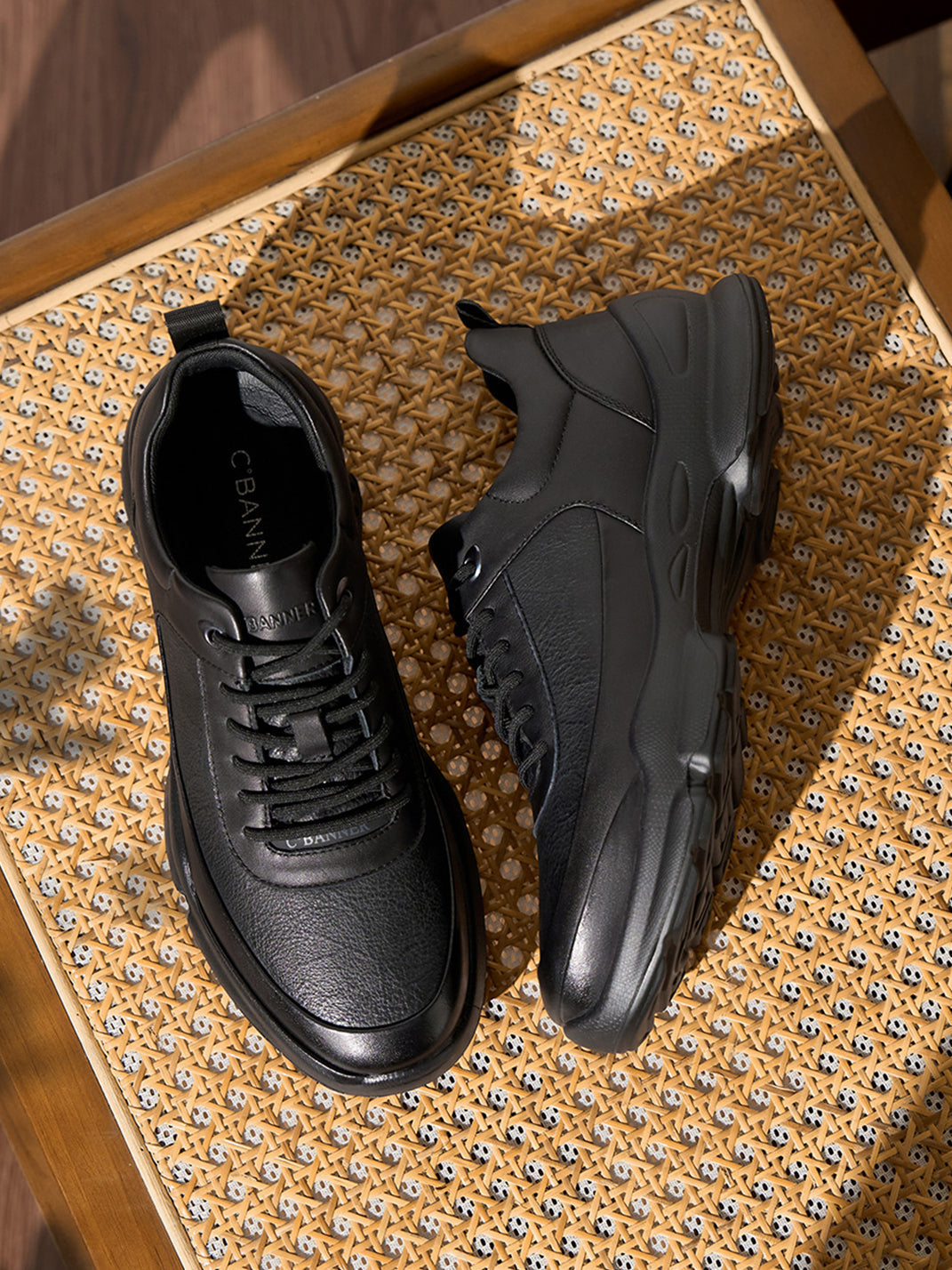 Black Leather Sculpted-Sole Chunky Sneakers - View 5