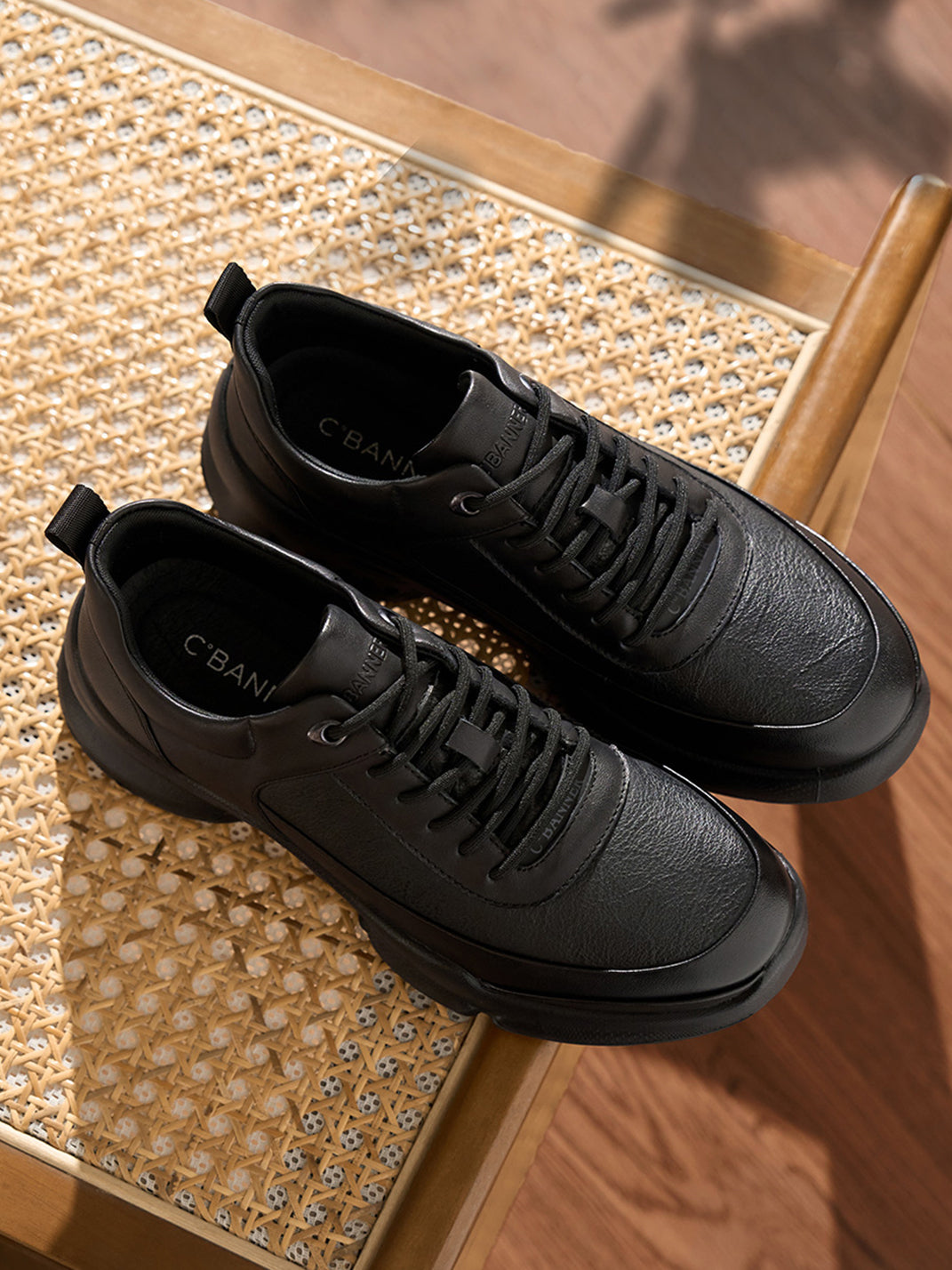 Black Leather Sculpted-Sole Chunky Sneakers - View 6