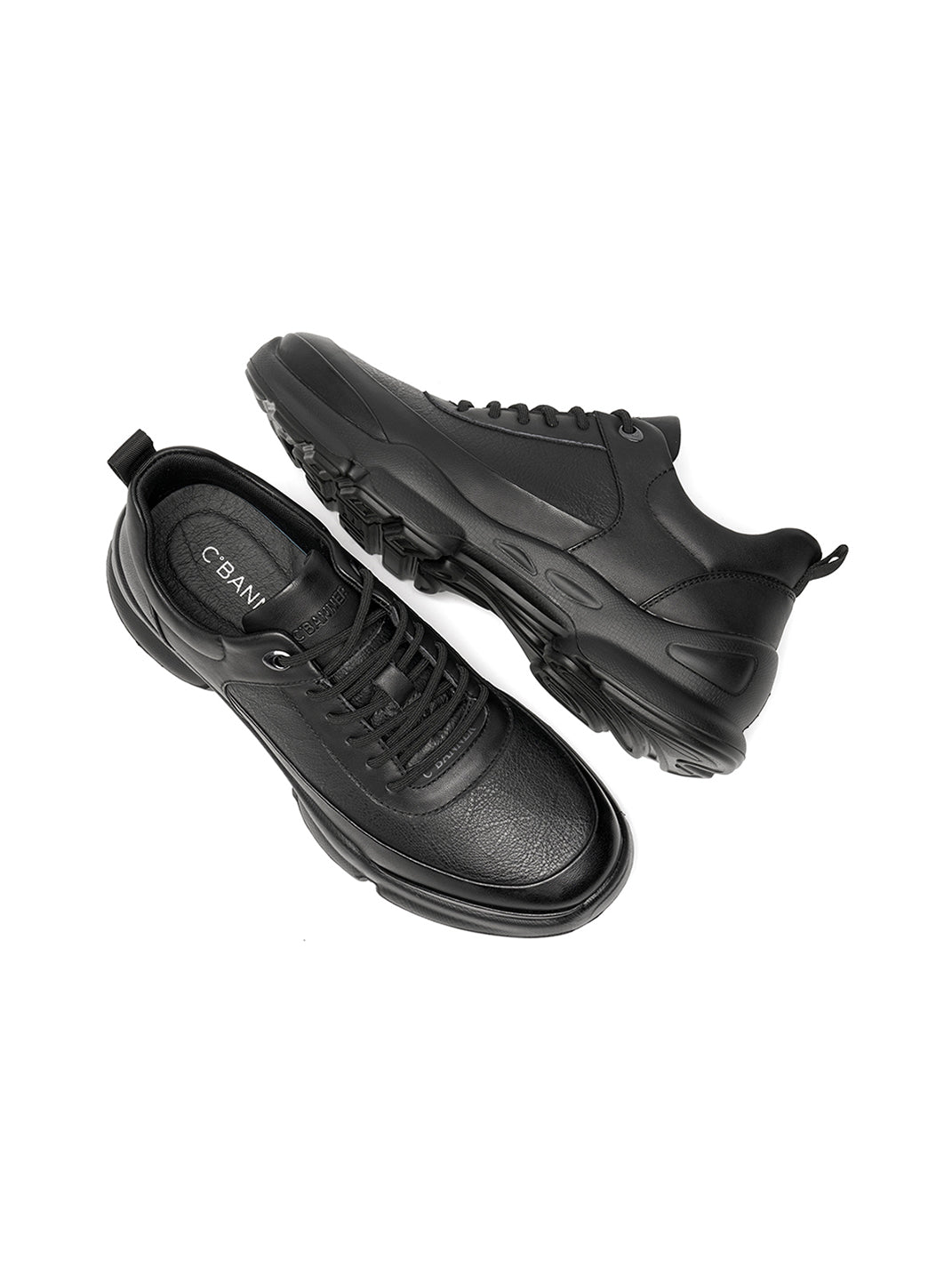 Black Leather Sculpted-Sole Chunky Sneakers - View 7