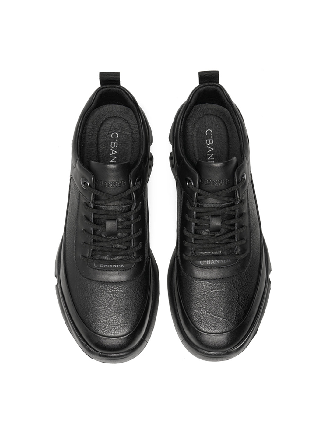 Black Leather Sculpted-Sole Chunky Sneakers - View 11