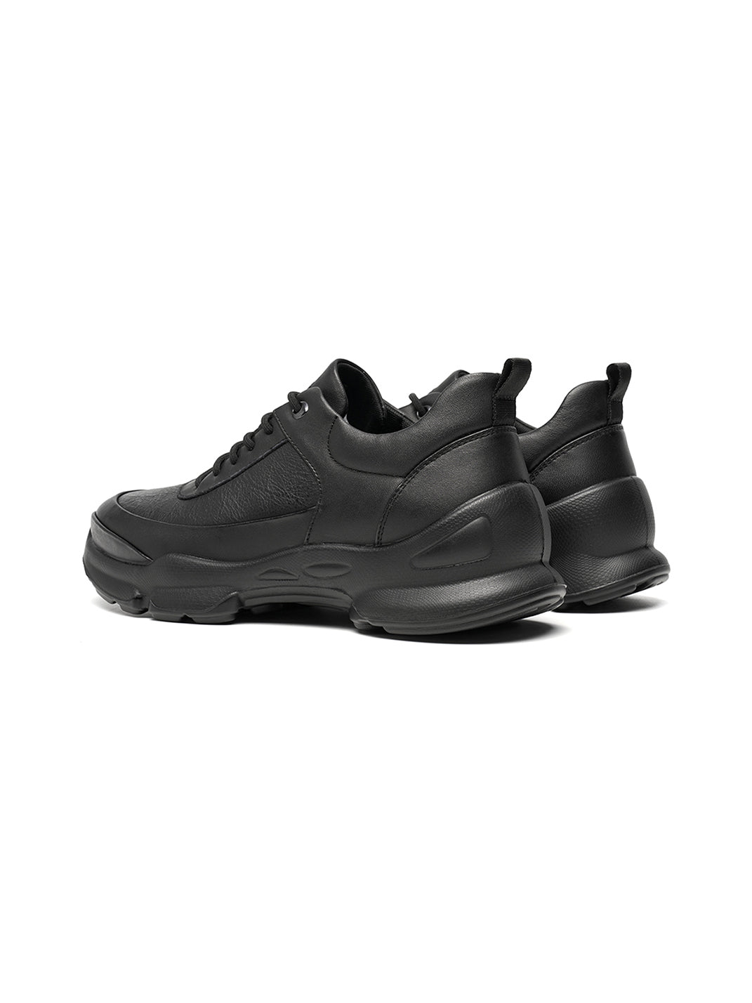 Black Leather Sculpted-Sole Chunky Sneakers - View 12