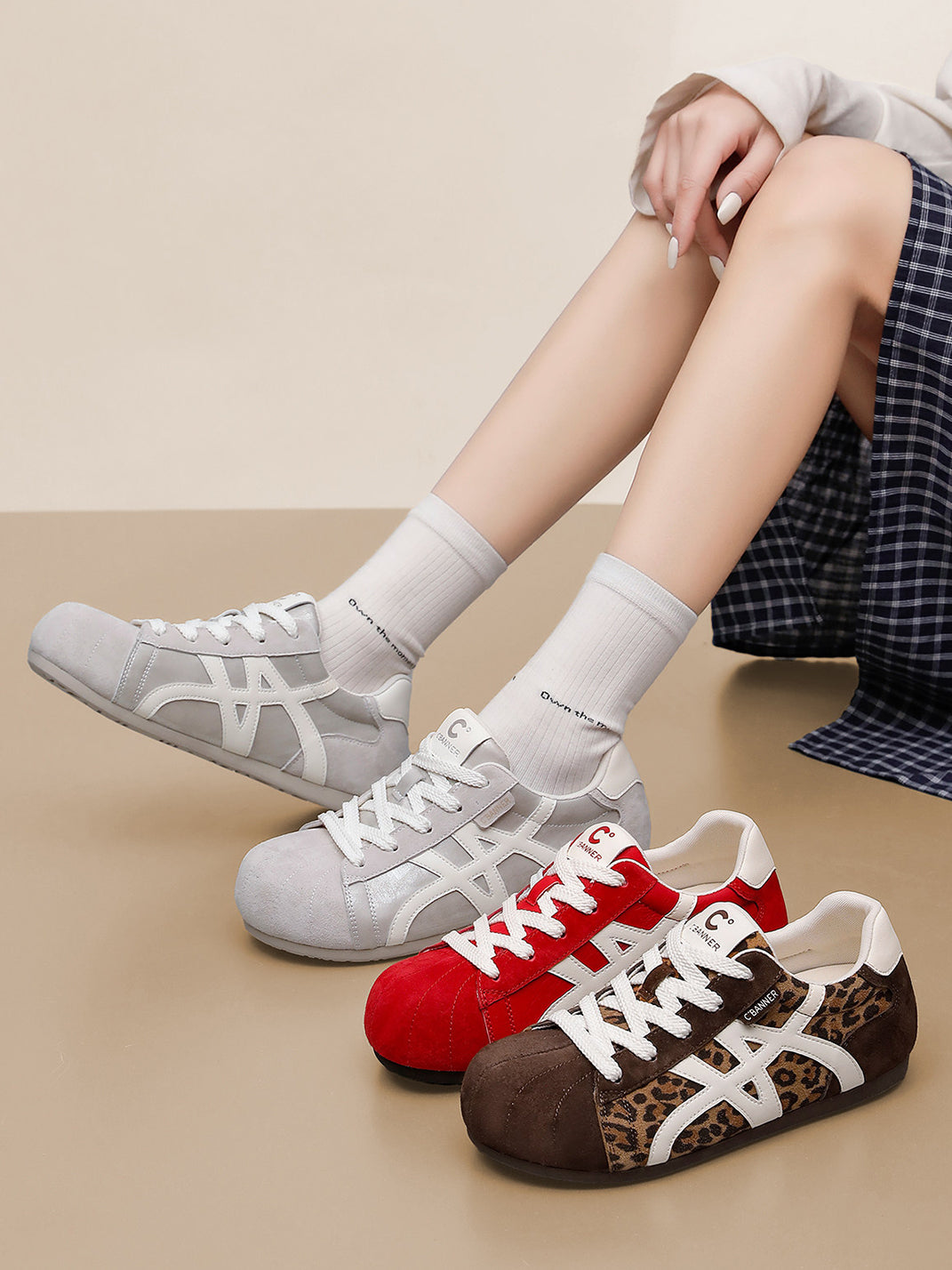 Leopard-Panel Gum-Sole Retro Trainers - View 11