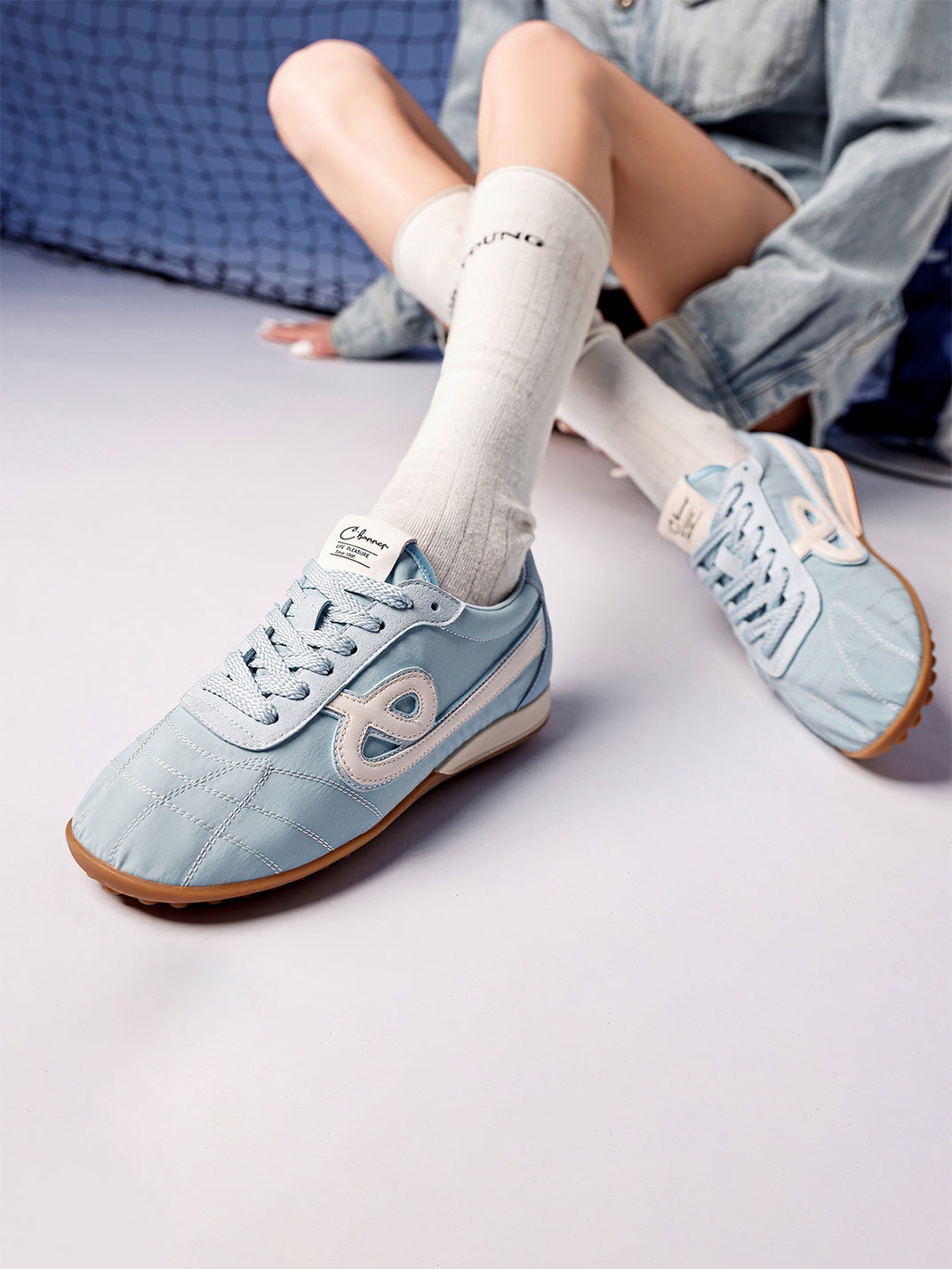 Sky Blue Quilted-Panel Gum-Sole Sneakers - View 4