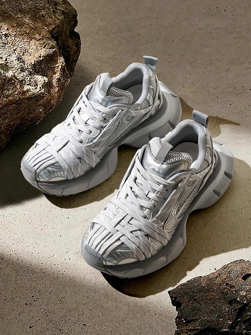 Silver Layered-Mesh Chunky Runner Sneakers - View 3