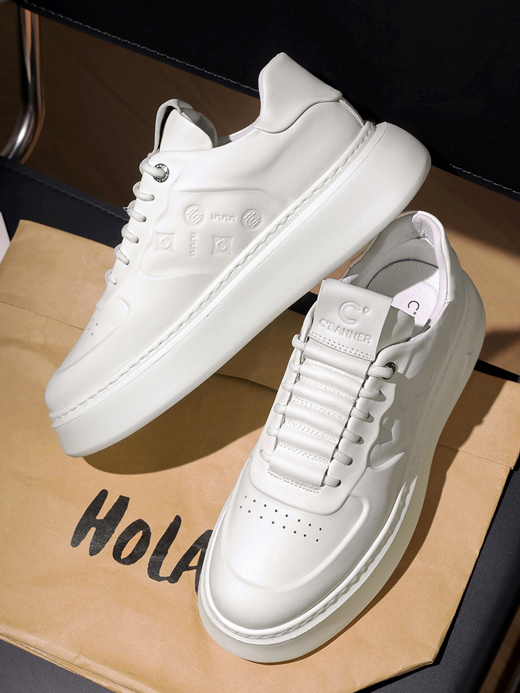 White Monogram-Texture Chunky Platform Sneakers - View 6