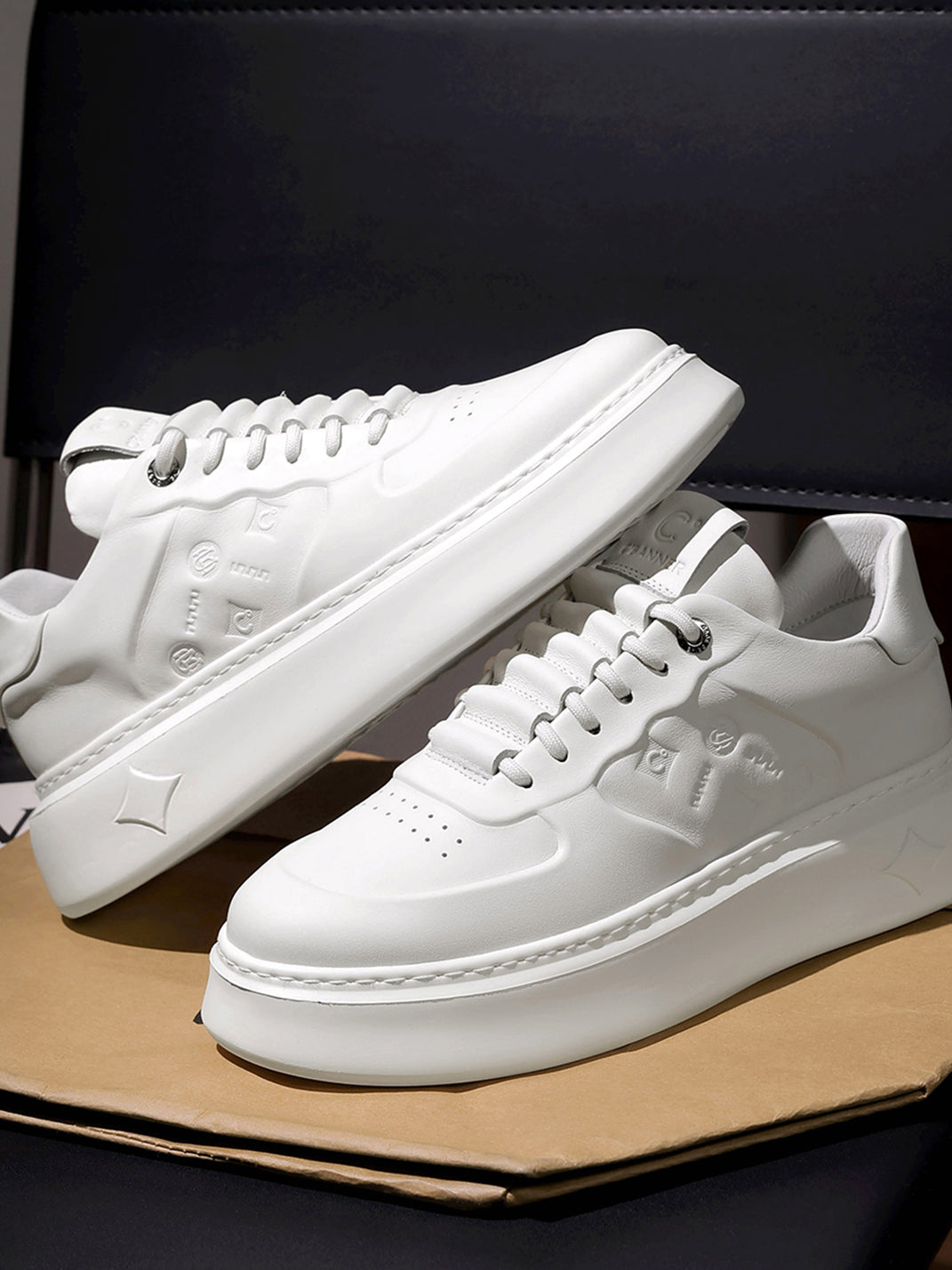 White Monogram-Texture Chunky Platform Sneakers - View 7