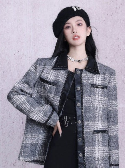 Monochrome Plaid Wool-Blend Jacket: Contrast Collar Button-Front Coat with Multiple Pockets