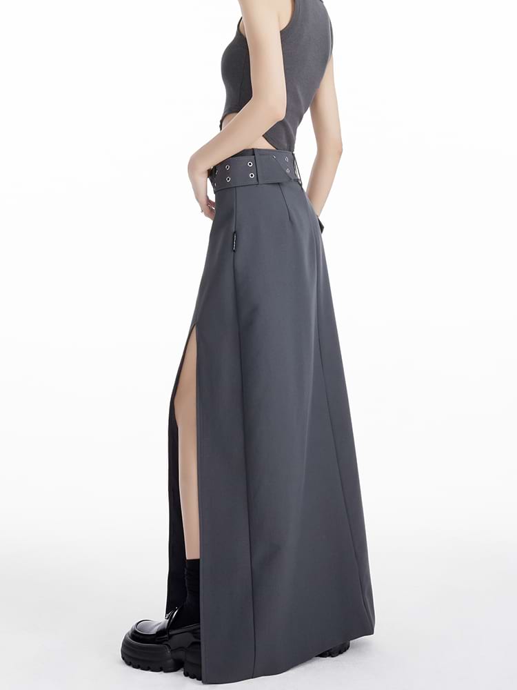 Maxi Skirt with Side Slit and Grommet Belt