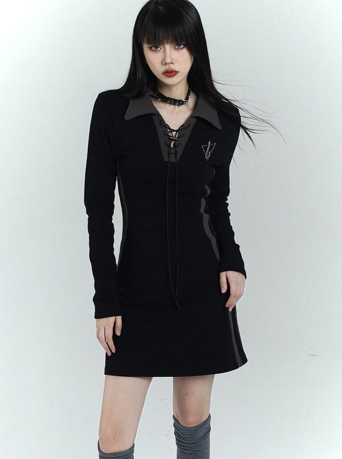 Lace-Up Collar Mini Dress