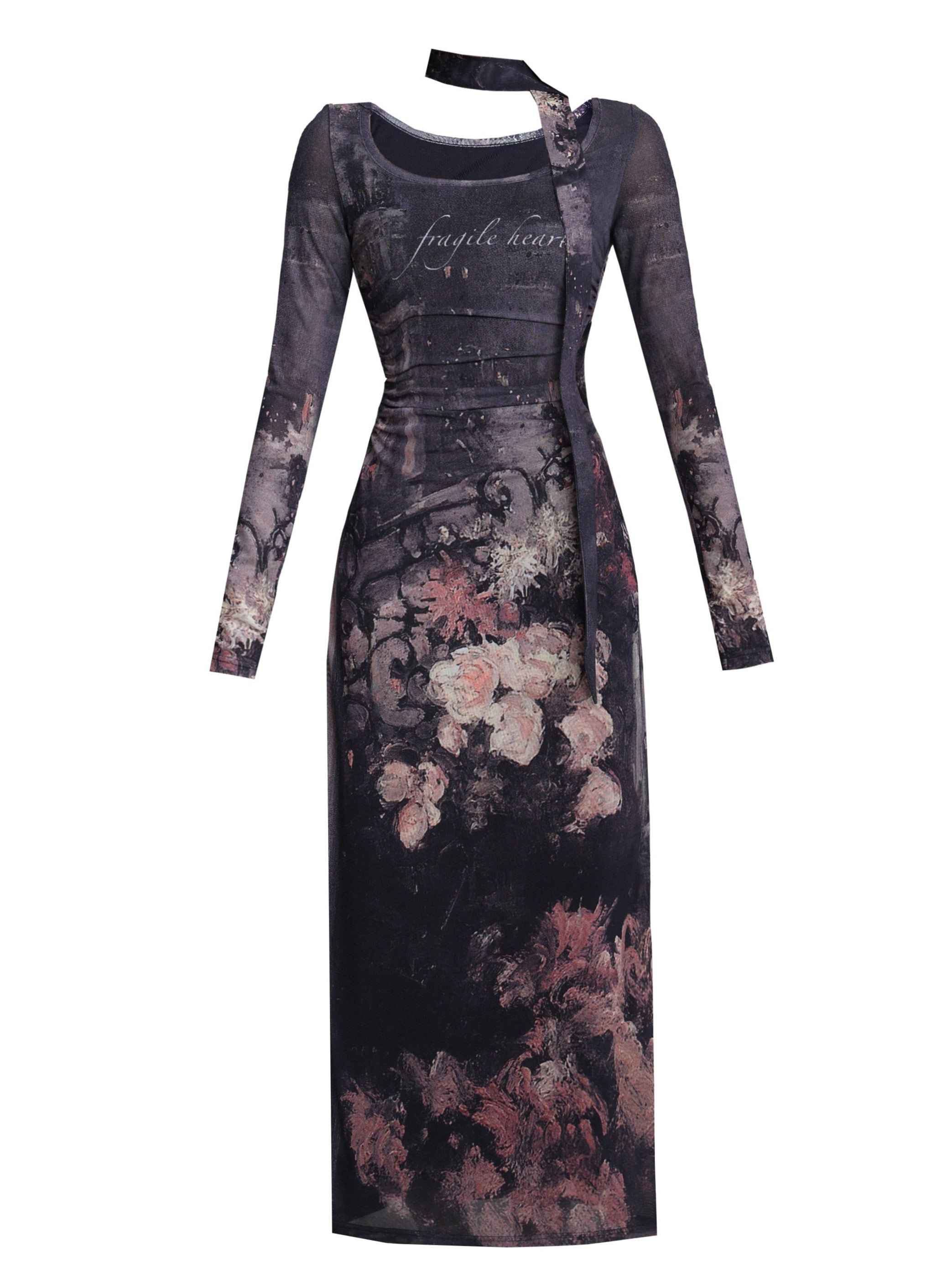 Enchanting Midnight Bloom Maxi Dress: Long-Sleeve Bodycon with Vintage Floral Print and Choker Detail