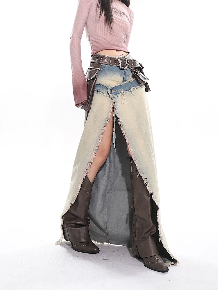 Distressed Denim Cowgirl Slit Skirt