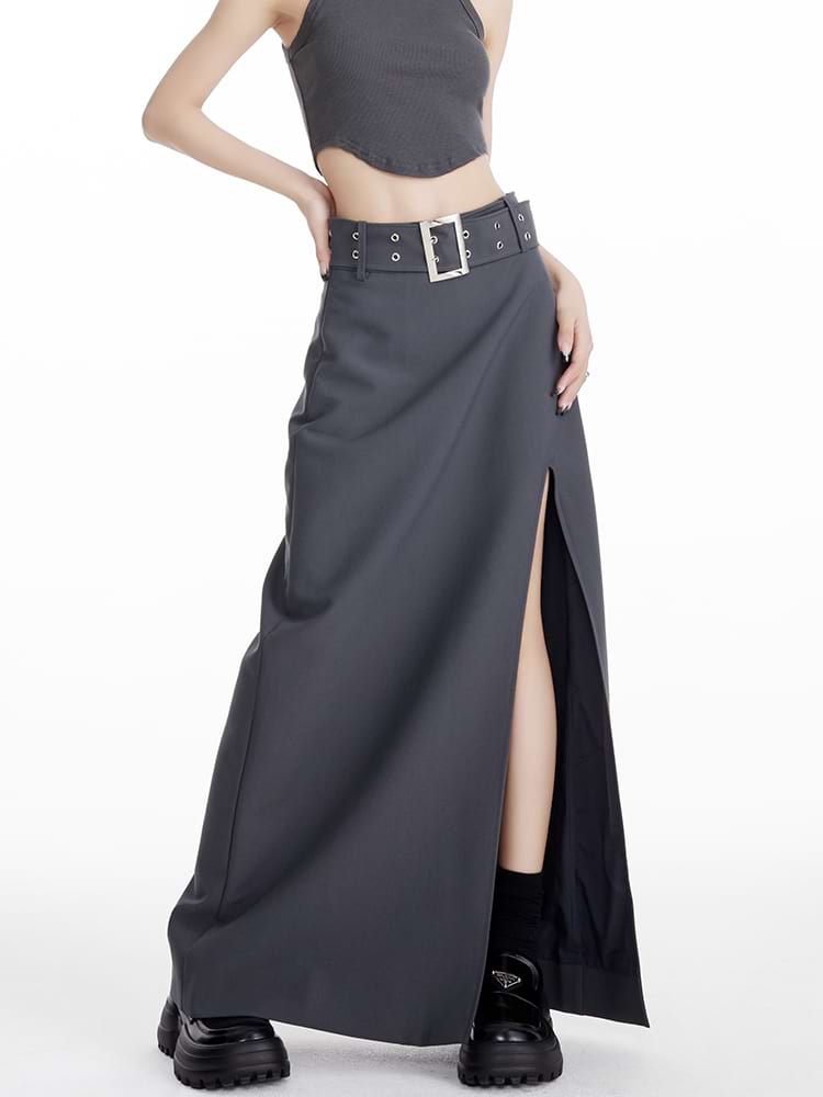 Maxi Skirt with Side Slit and Grommet Belt