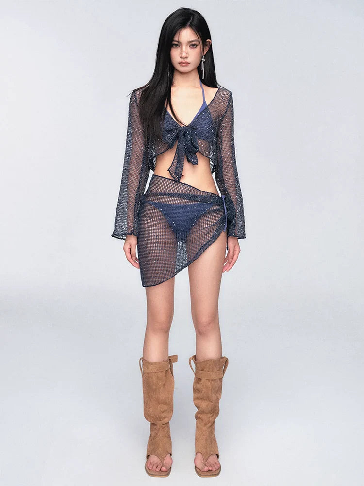 Sheer Mesh Tie-Front Cover-Up Set with Bikini and Sarong Skirt
